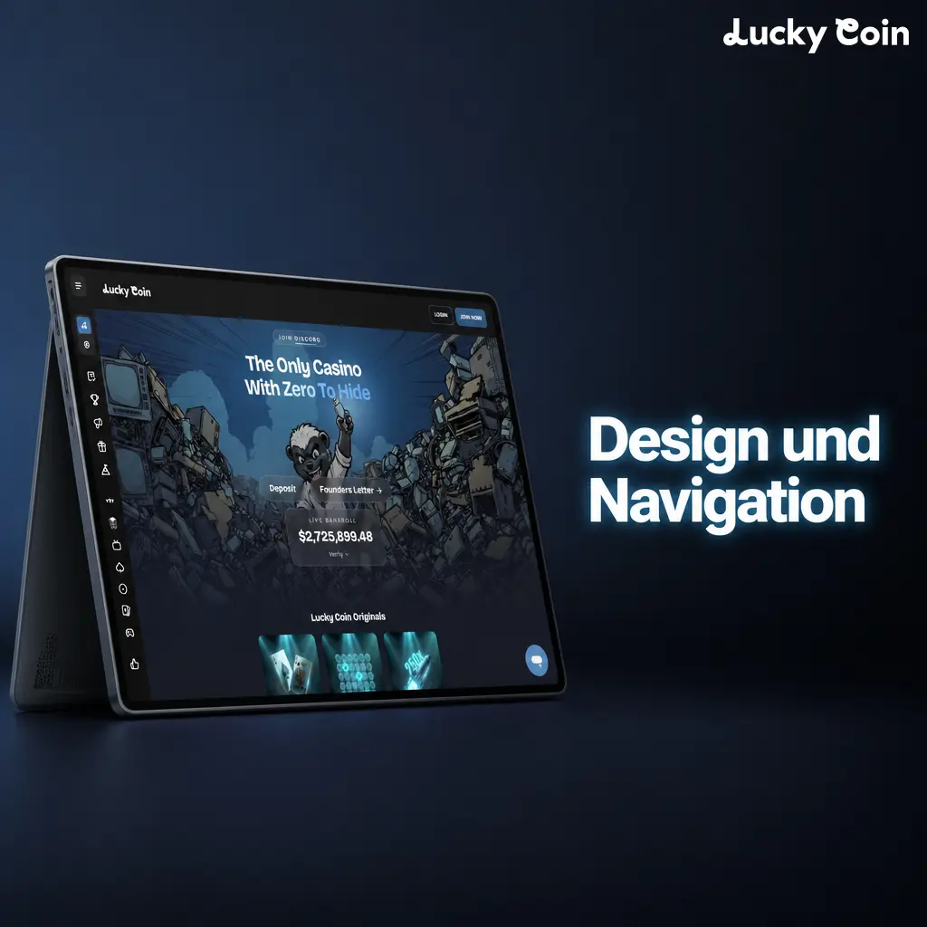 Modernes Design der Lucky Coin Webseite mit dunklem Hintergrund, blauen Akzenten und schneller Navigation.