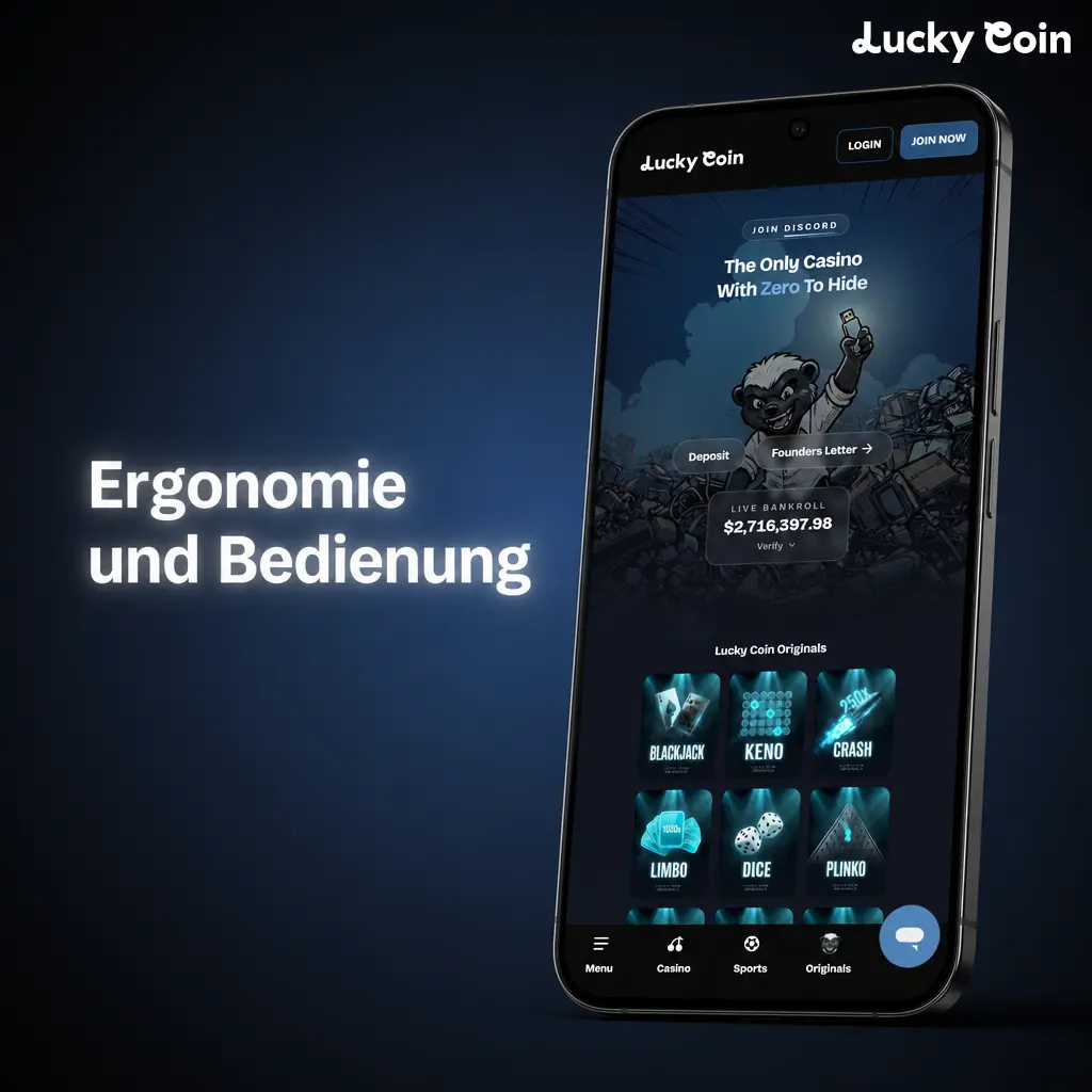 Ergonomische Casino-App-Oberfläche mit Navigation am unteren Bildschirmrand, optimiert für einhändige Bedienung.