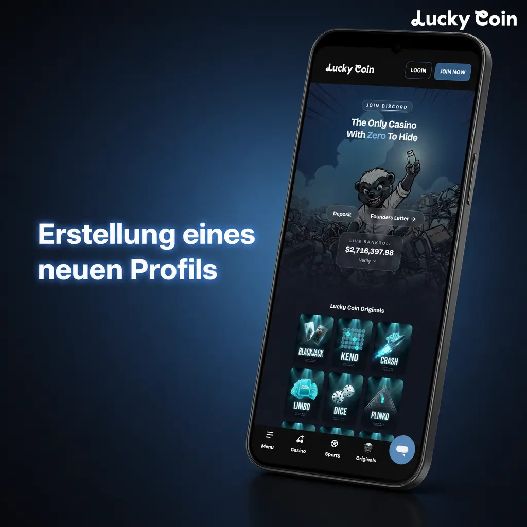 Formular zur Erstellung eines neuen Profils im Lucky Coin Spiel mit dem Button Konto erstellen.