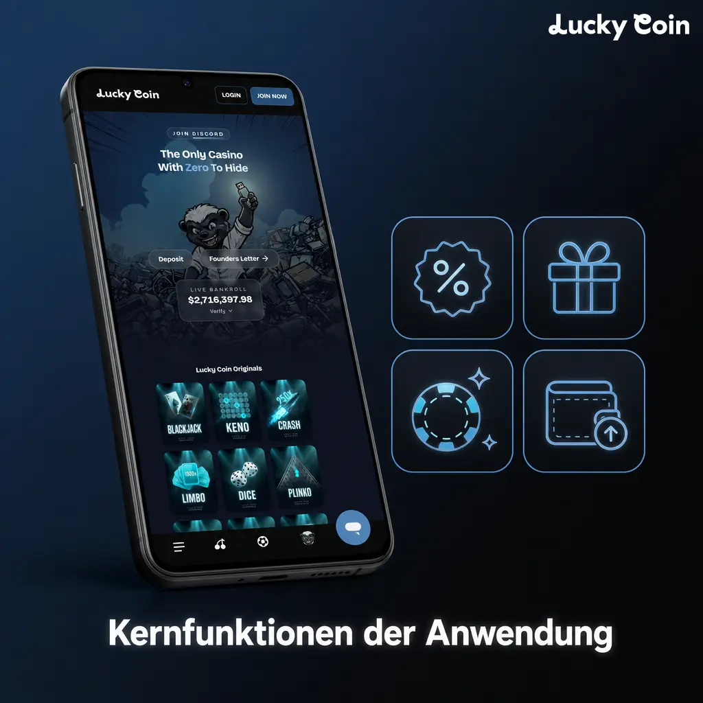Kernfunktionen der App: Sportwetten, Live-Streams, Casino-Slots, Live-Dealer, Boni und Kundenservice-Chat.