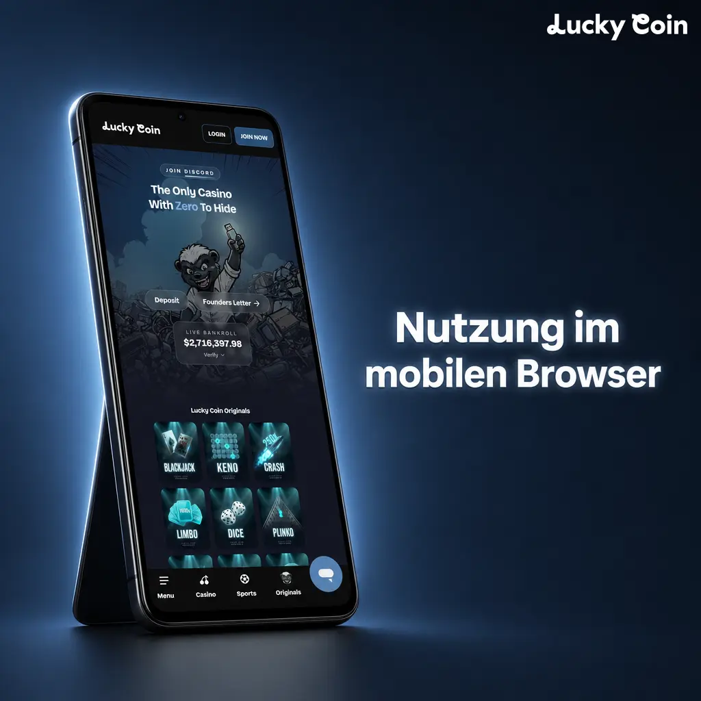 Smartphone zeigt die mobile Lucky Coin Website im Browser mit allen Funktionen ohne APK-Download.