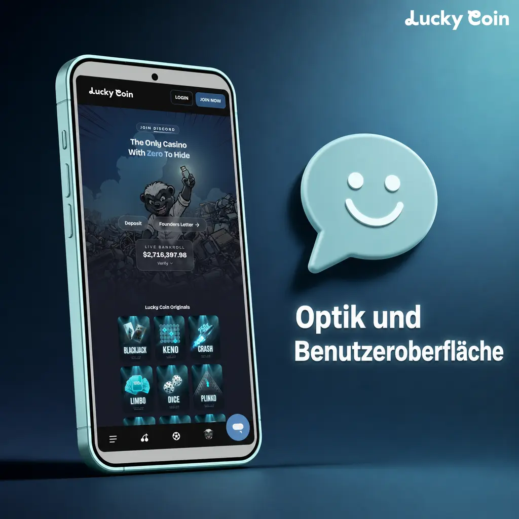 Mobile Benutzeroberfläche der Lucky Coin Deutschland App im dunklen Design mit goldenen Akzenten.