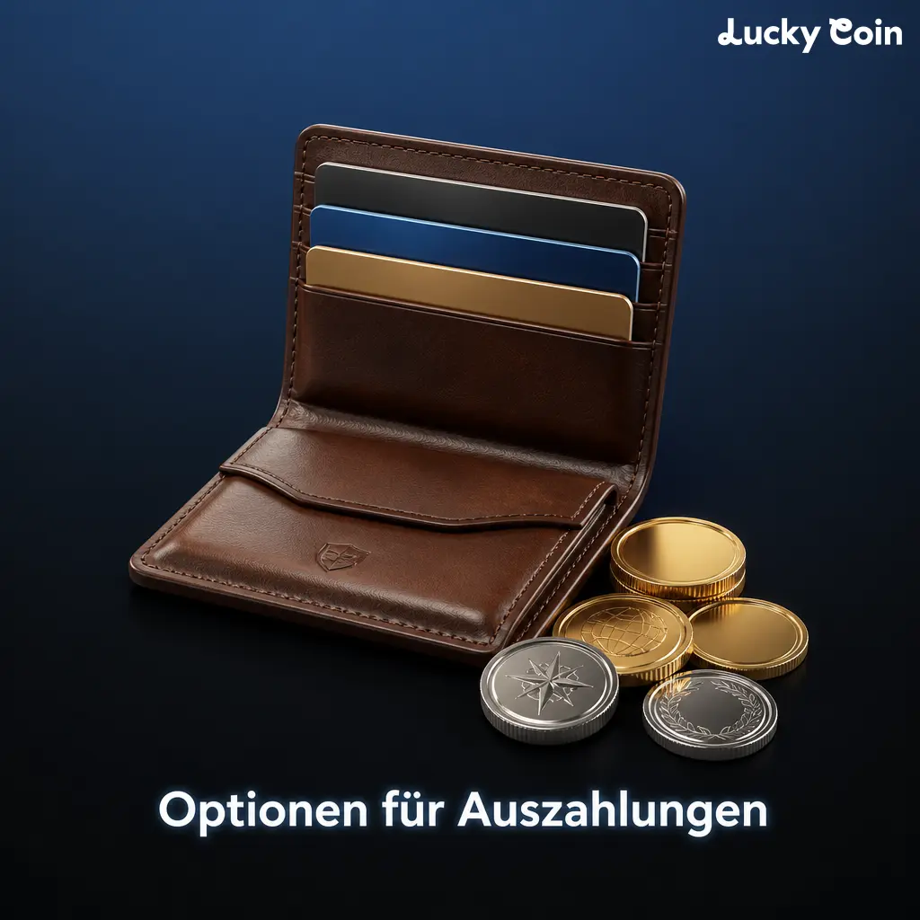 Übersicht der Optionen für schnelle Auszahlungen bei Lucky Coin, wie BTC, VISA und Banküberweisung.